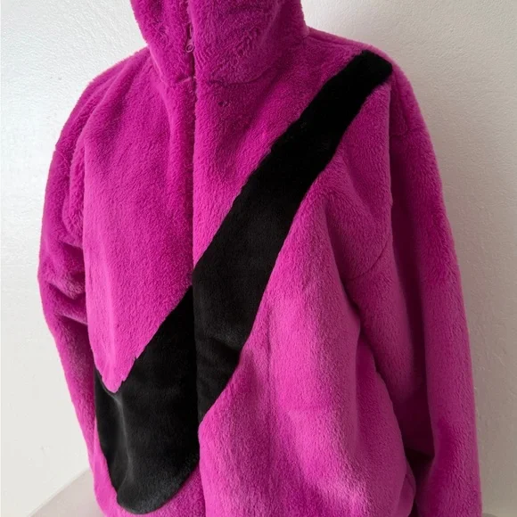 Nike Sportswear Faux Fur Swoosh Jacket Velvet Magenta and black